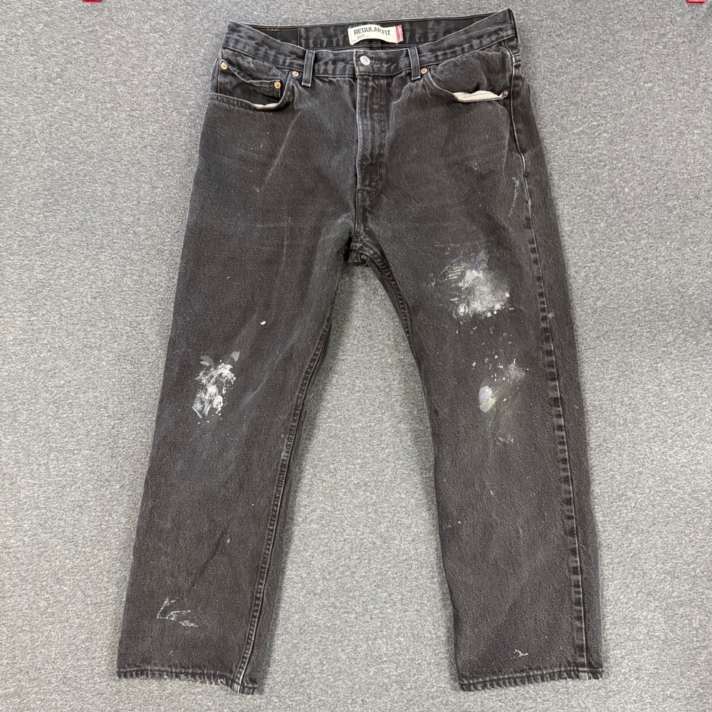 Vintage Levis 505 Regular Fit Jeans Mens 36x30 Black Good Distressed Paint Splat